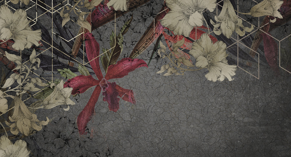 Red Printed Floral on Cracked Concrete Wall Mural M9535