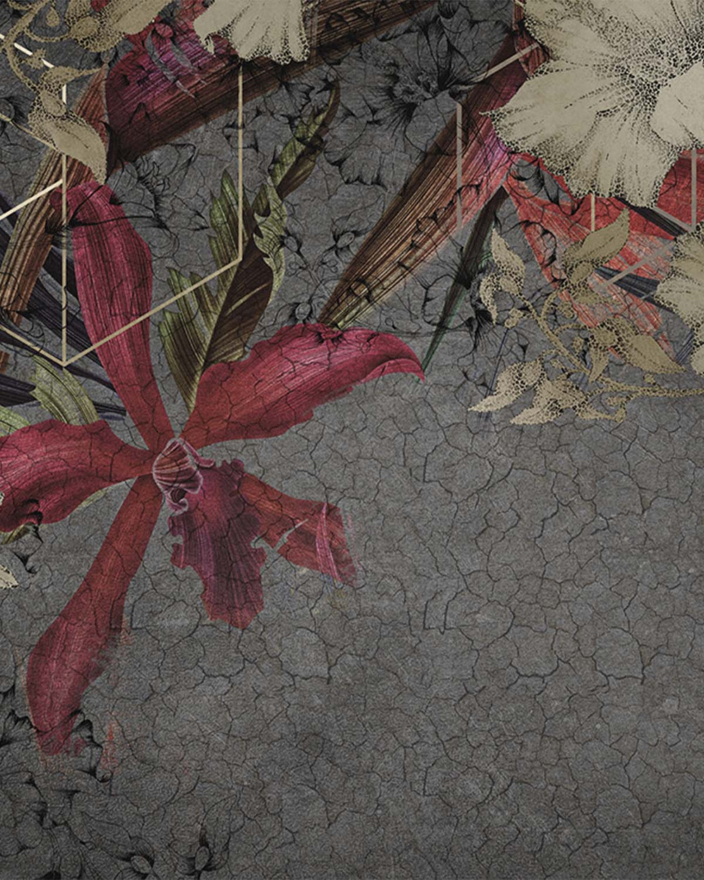 Red Printed Floral on Cracked Concrete Wall Mural M9535