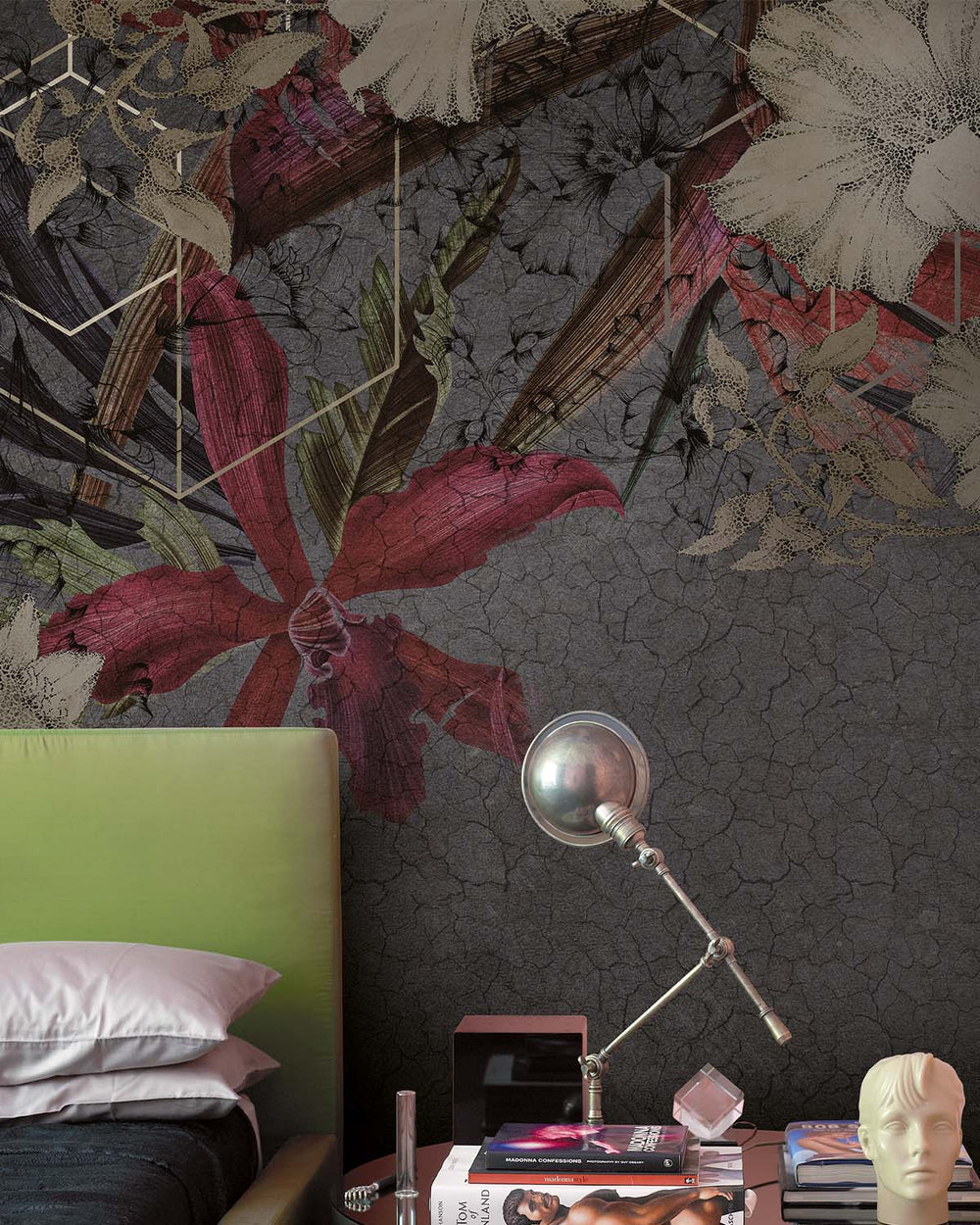 Red Printed Floral on Cracked Concrete Wall Mural M9535