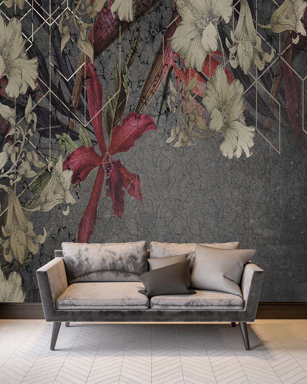 Red Printed Floral on Cracked Concrete Wall Mural M9535