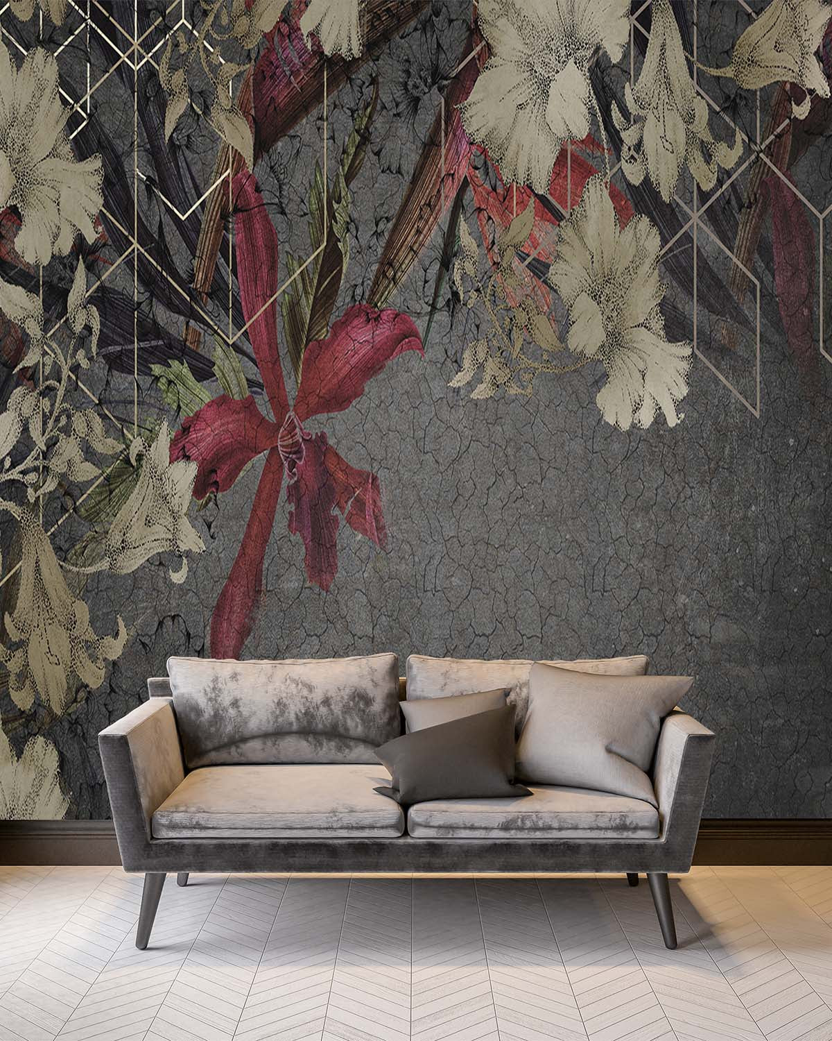 Red Printed Floral on Cracked Concrete Wall Mural M9535