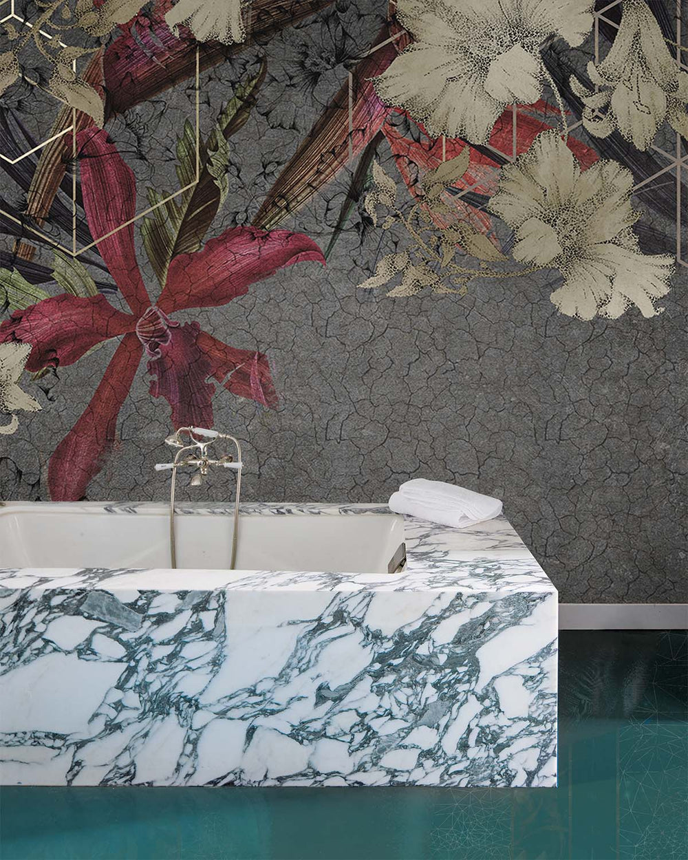 Red Printed Floral on Cracked Concrete Wall Mural M9535
