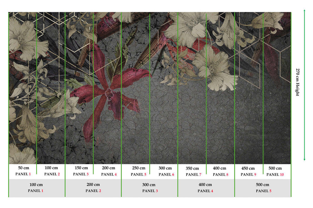 Red Printed Floral on Cracked Concrete Wall Mural M9535