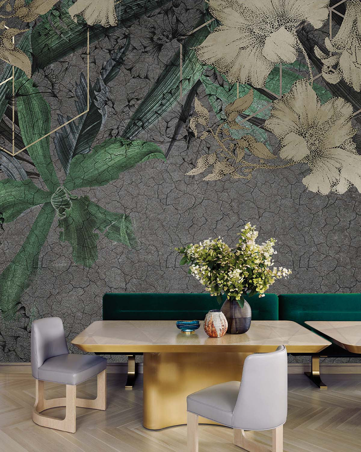 Green Printed Floral on Cracked Concrete Wall Mural M9536