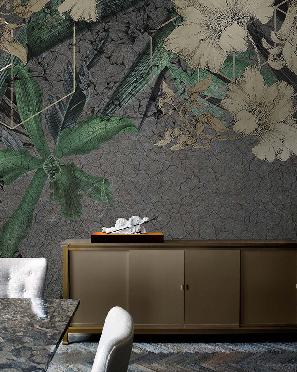 Green Printed Floral on Cracked Concrete Wall Mural M9536