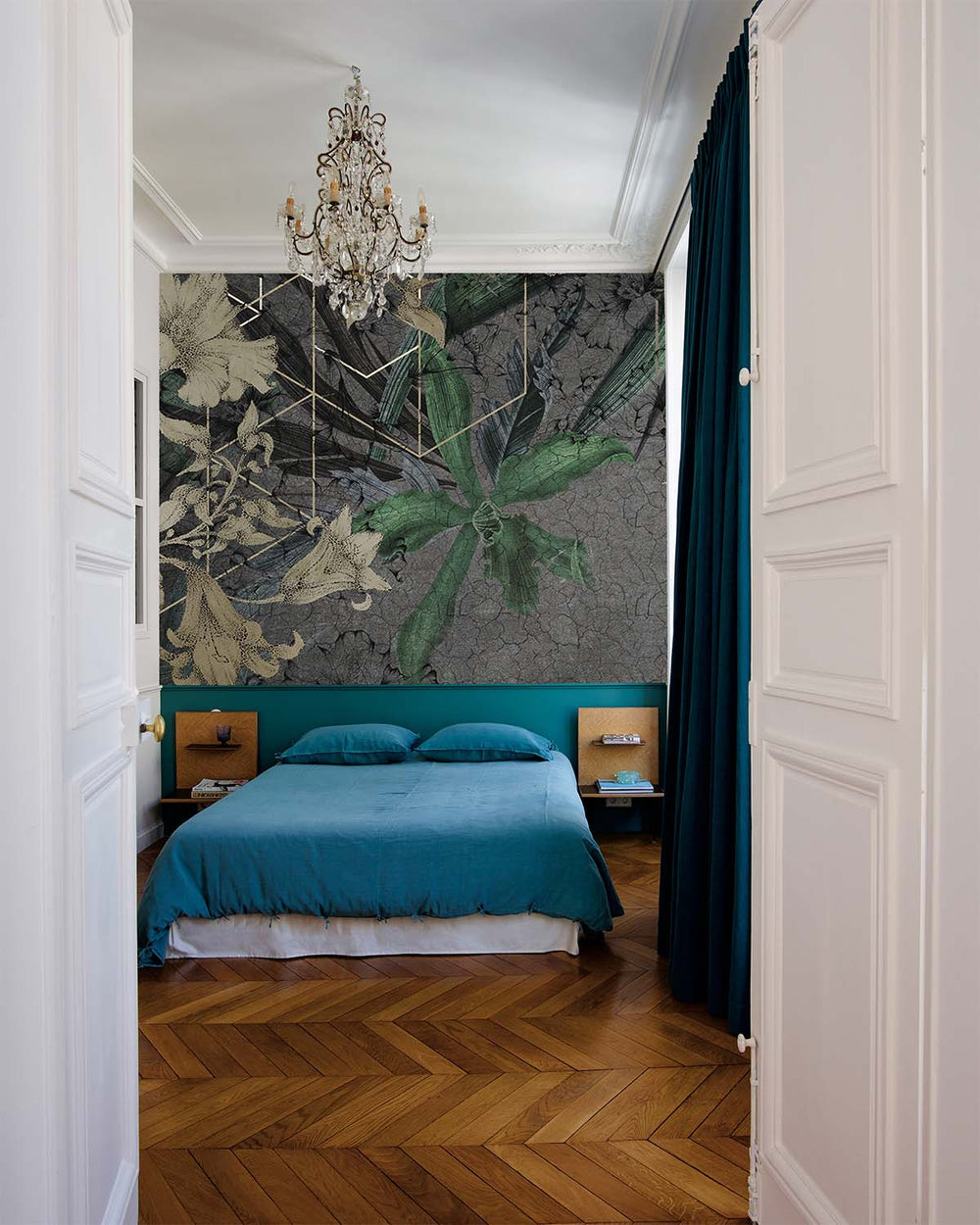 Green Printed Floral on Cracked Concrete Wall Mural M9536