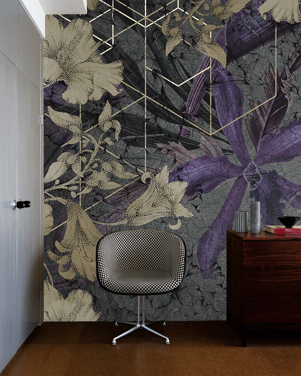 Purple Printed Floral on Cracked Concrete M9537