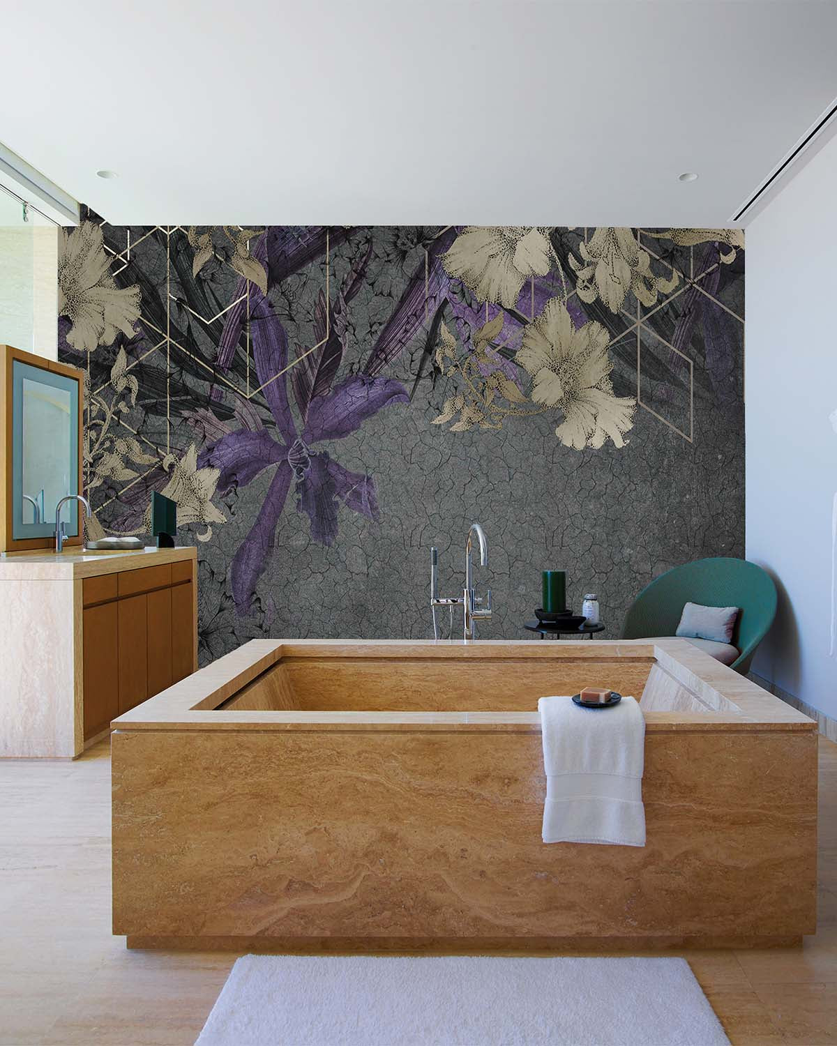Purple Printed Floral on Cracked Concrete M9537