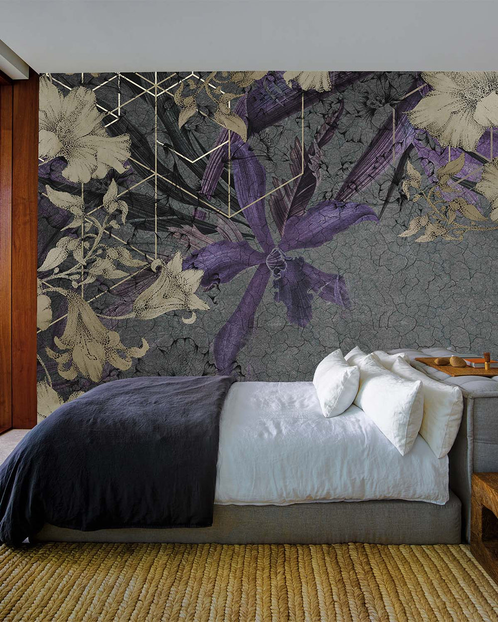 Purple Printed Floral on Cracked Concrete M9537
