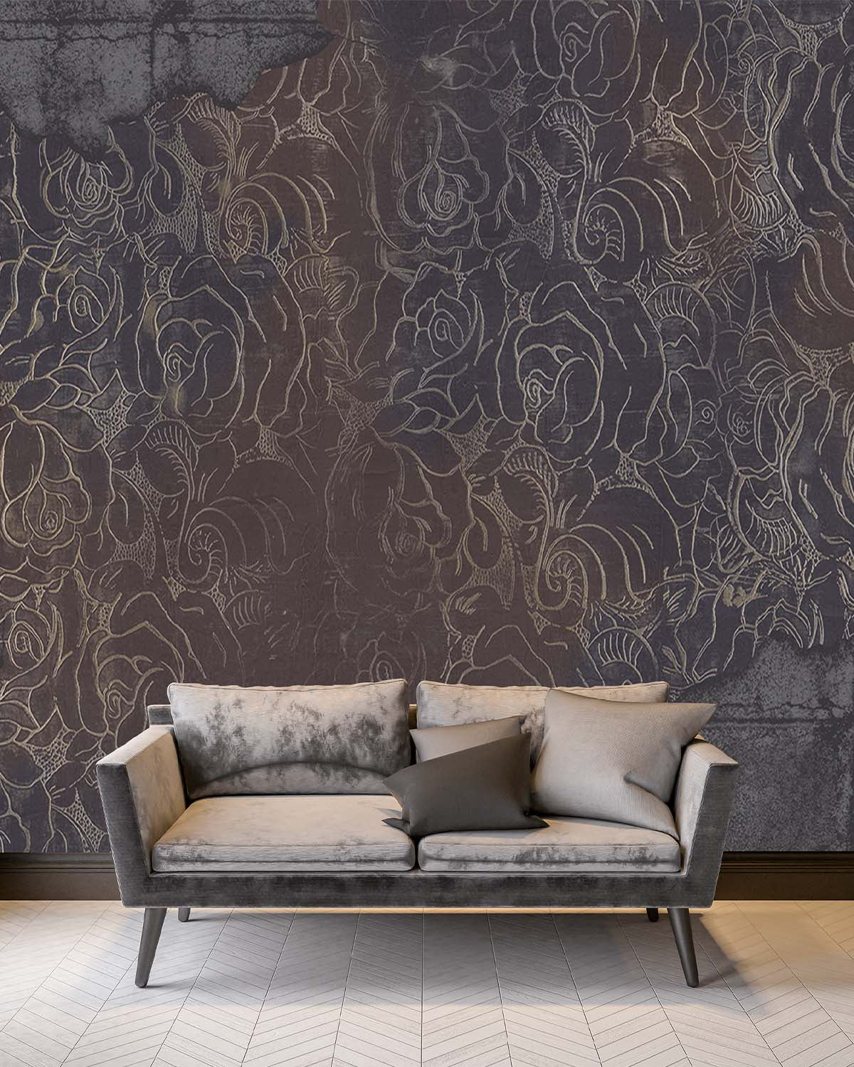 Dark Plum Floral Engraved Concrete Wall Mural M9562