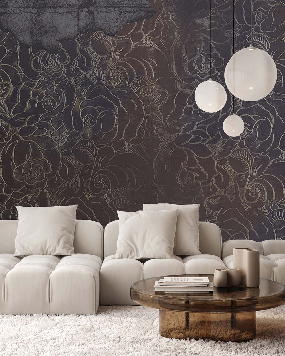 Dark Plum Floral Engraved Concrete Wall Mural M9562