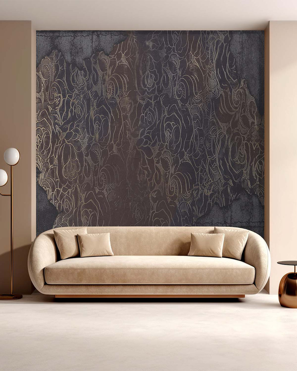 Dark Plum Floral Engraved Concrete Wall Mural M9562