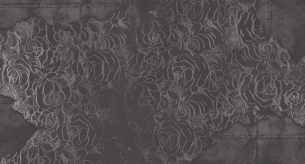 Dark Grey Floral Engraved Concrete Wall Mural M9564