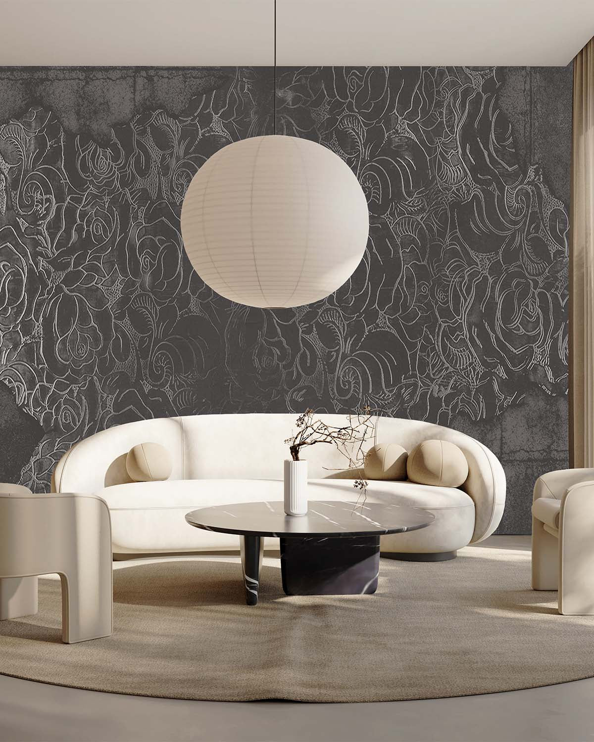 Dark Grey Floral Engraved Concrete Wall Mural M9564