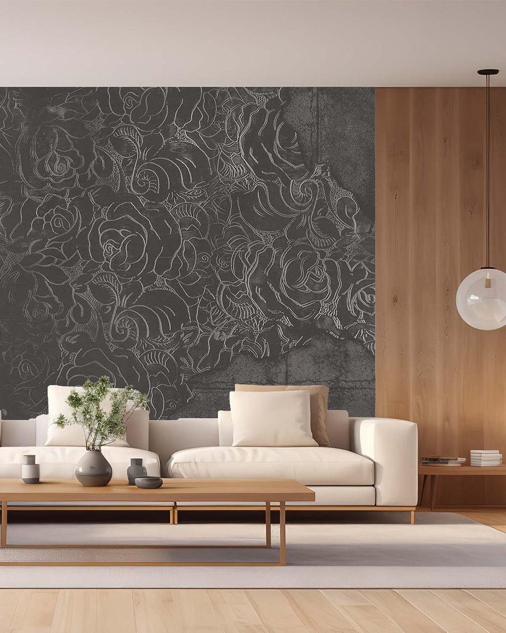 Dark Grey Floral Engraved Concrete Wall Mural M9564