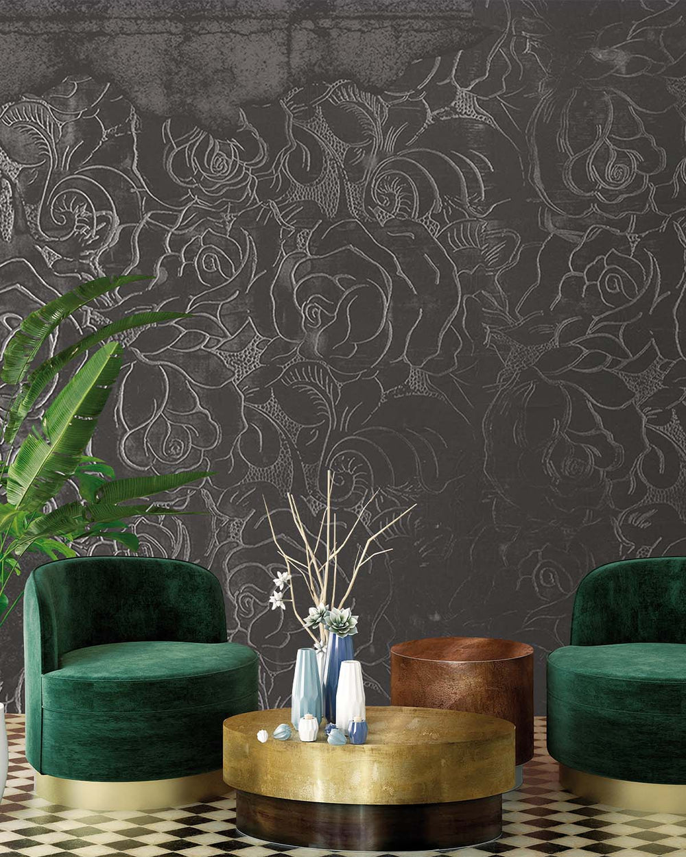 Dark Grey Floral Engraved Concrete Wall Mural M9564
