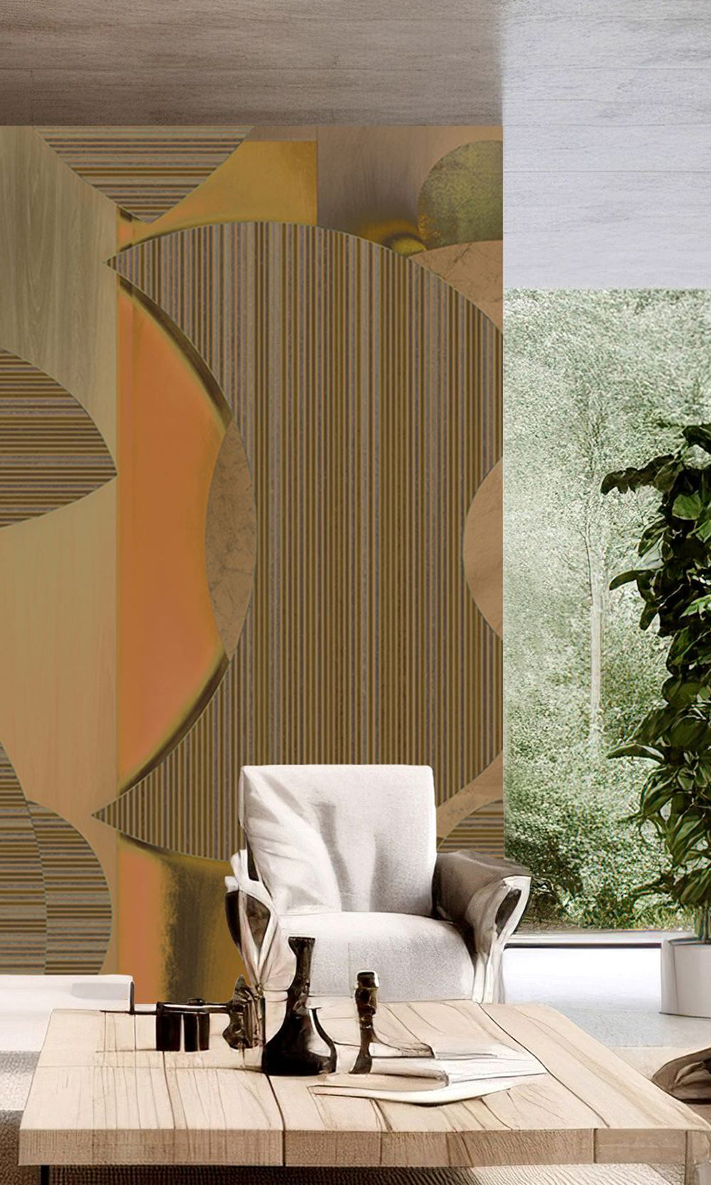 Ochre Brown Striped Mosaic Mural Wallpaper M2545 - Sample
