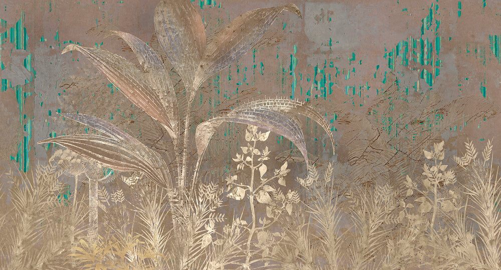 Green Gold Botanical Escape Wall Mural M2551