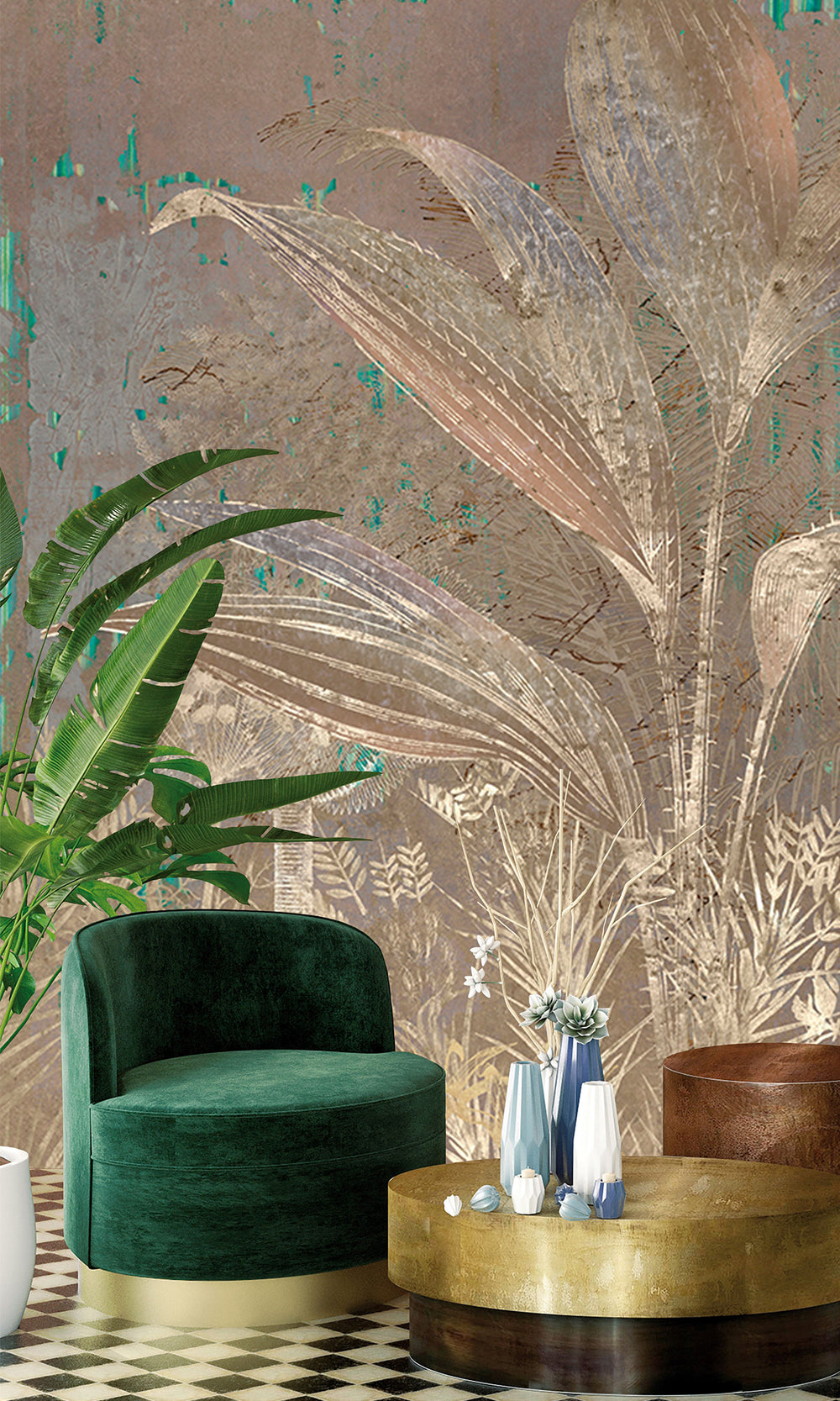 Green Gold Botanical Escape Wall Mural M2551