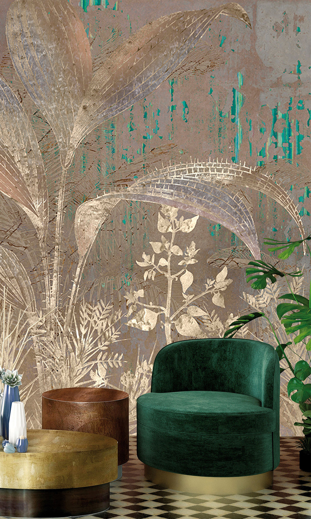 Green Gold Botanical Escape Wall Mural M2551