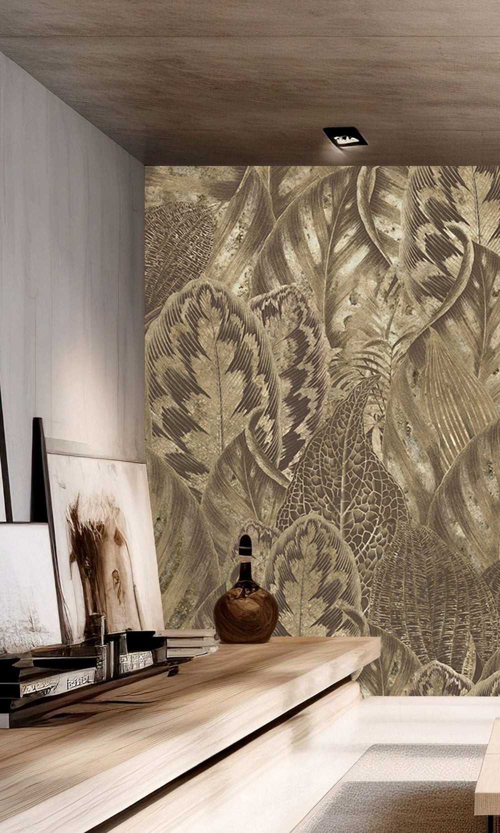 Khaki Vibrant Leafy Collage Mural Wallpaper M2555 - Sample
