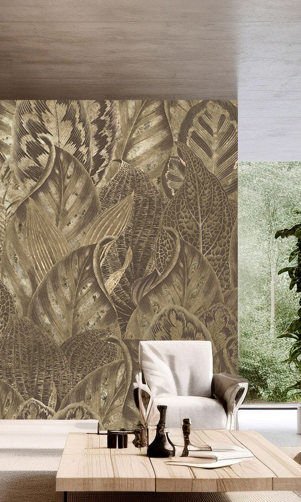 Khaki Vibrant Leafy Collage Mural Wallpaper M2555 - Sample