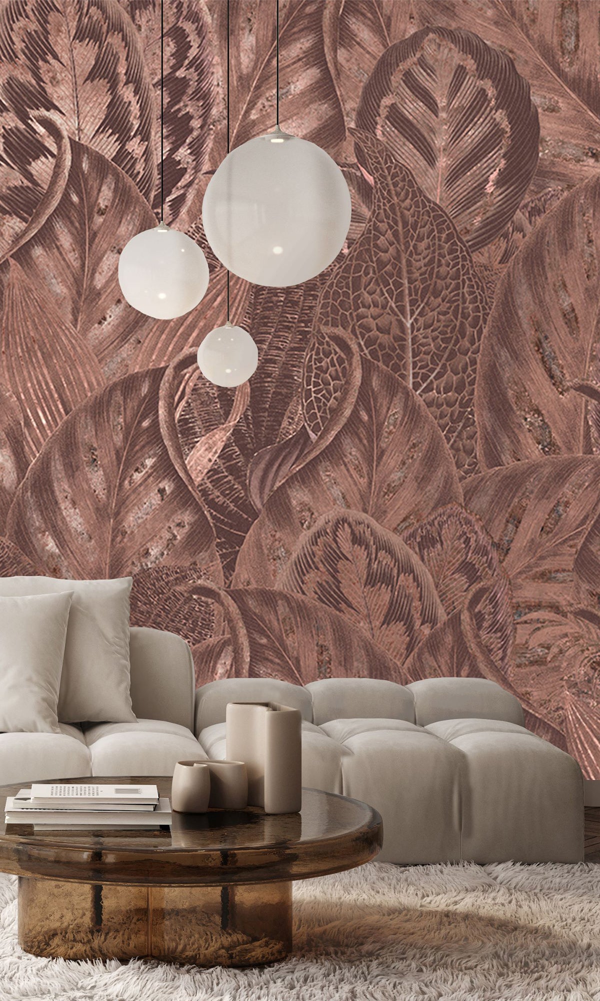 Copper Vibrant Leafy Collage Mural Wallpaper M2557