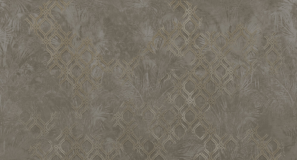 Dark Reseda Green Botanical Ogee Collage Mural Wallpaper M2559
