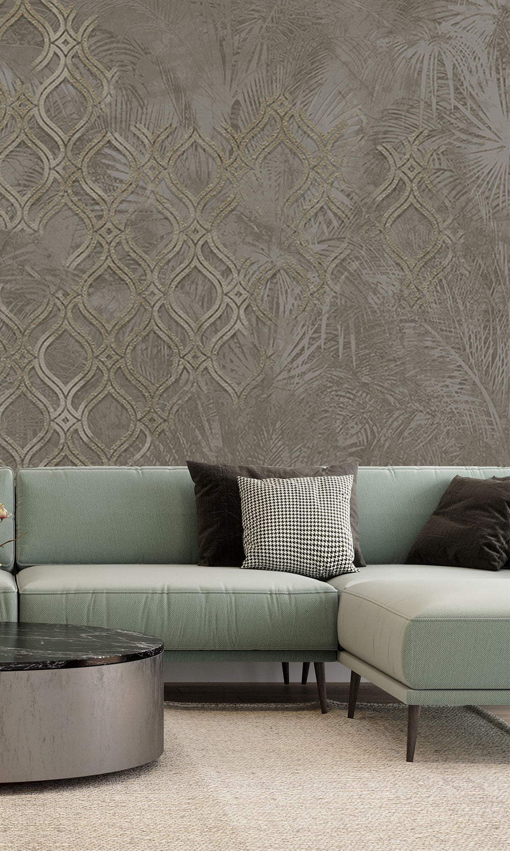 Dark Reseda Green Botanical Ogee Collage Mural Wallpaper M2559