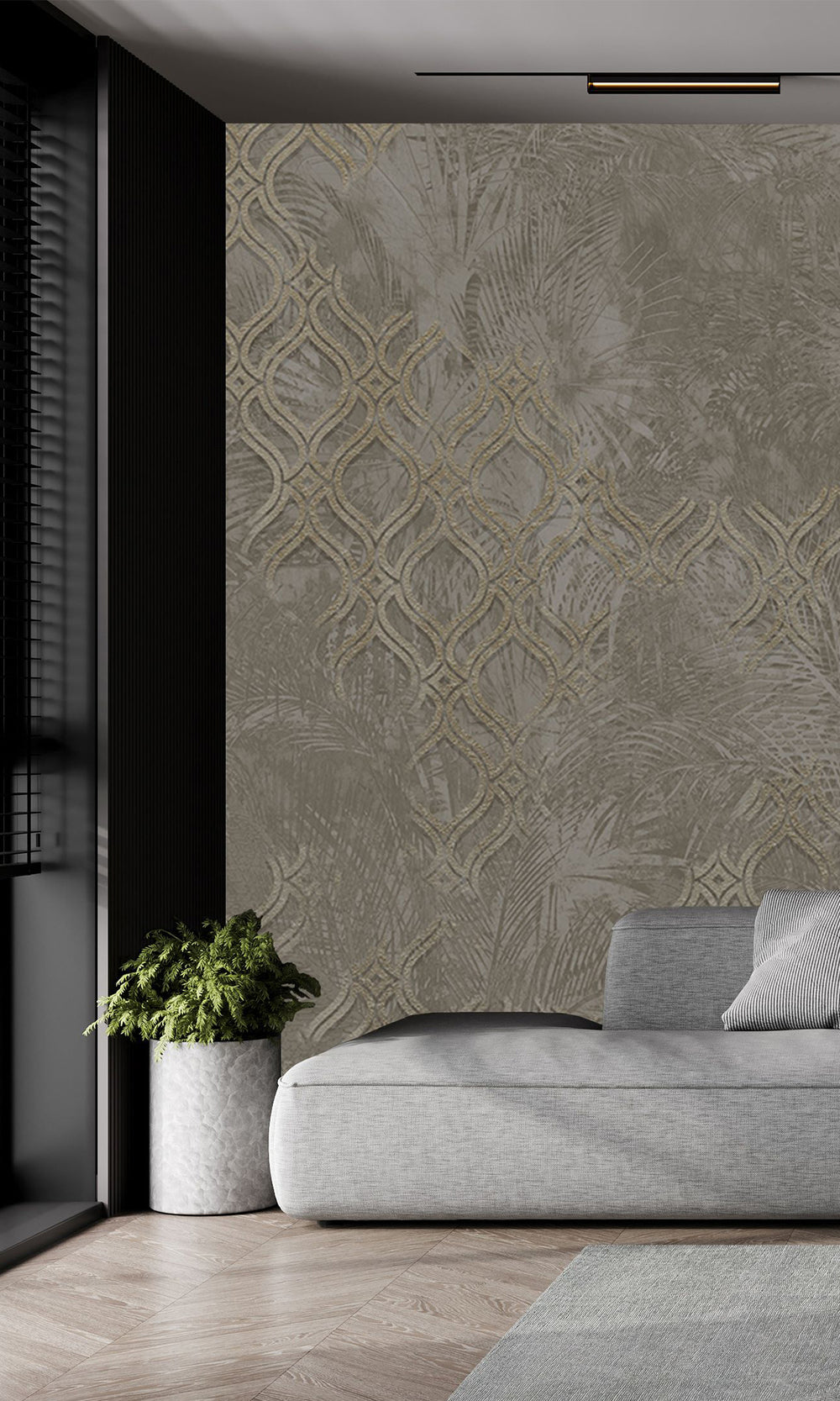 Dark Reseda Green Botanical Ogee Collage Mural Wallpaper M2559
