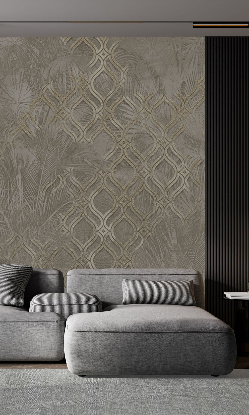 Dark Reseda Green Botanical Ogee Collage Mural Wallpaper M2559