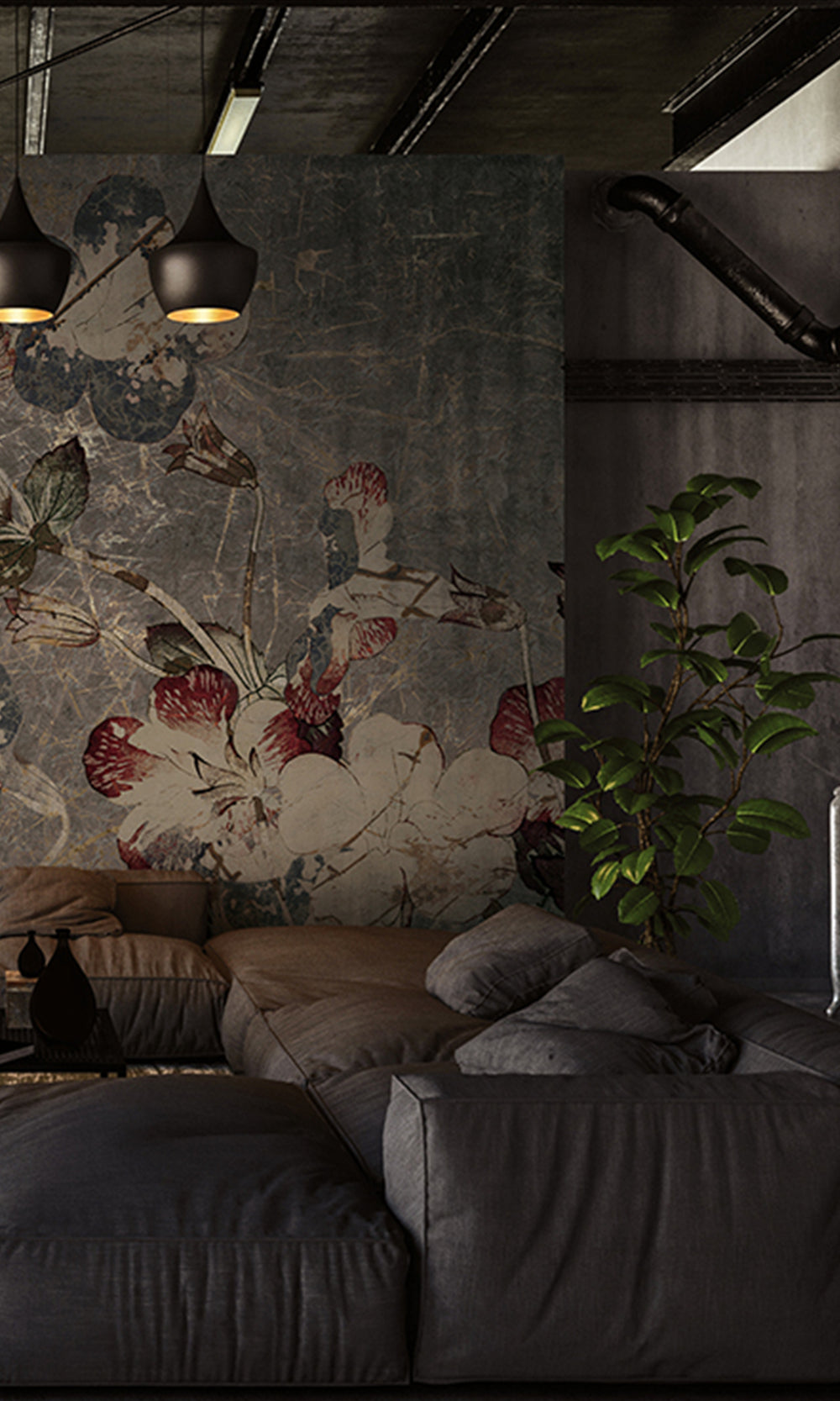 Grey Navy Blue Enchanted Floral Abstract Mural Wallpaper M2561