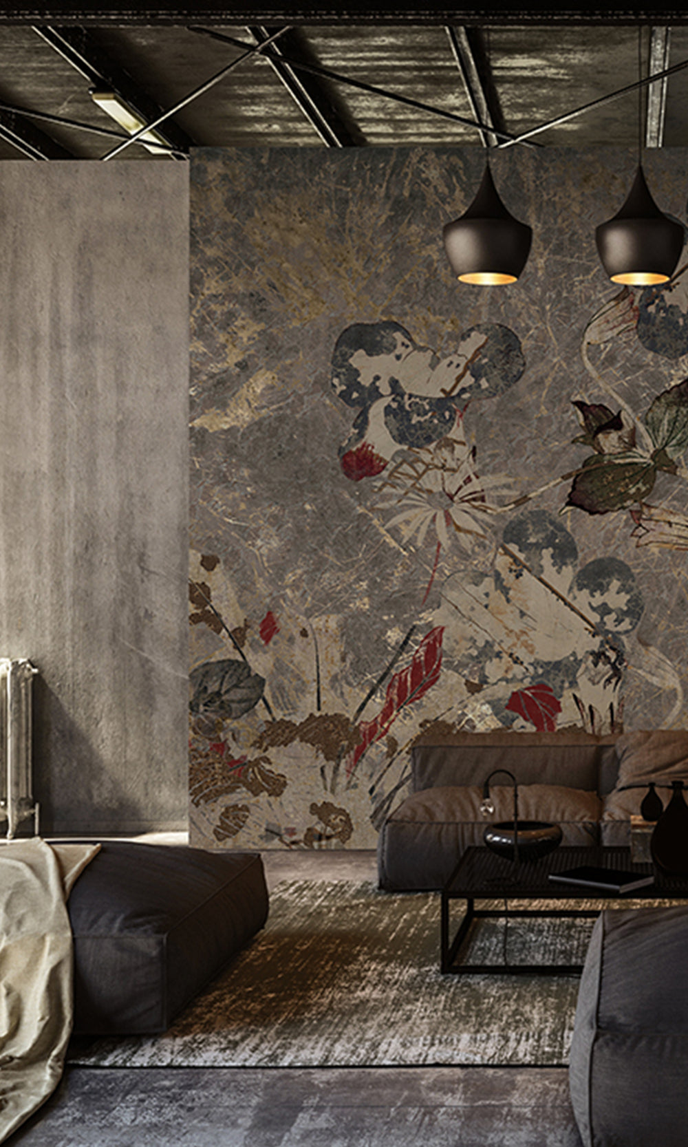 Grey Navy Blue Enchanted Floral Abstract Mural Wallpaper M2561