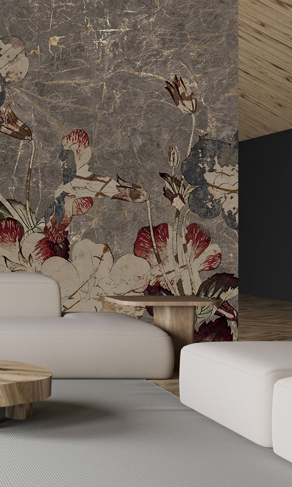 Grey Navy Blue Enchanted Floral Abstract Mural Wallpaper M2561