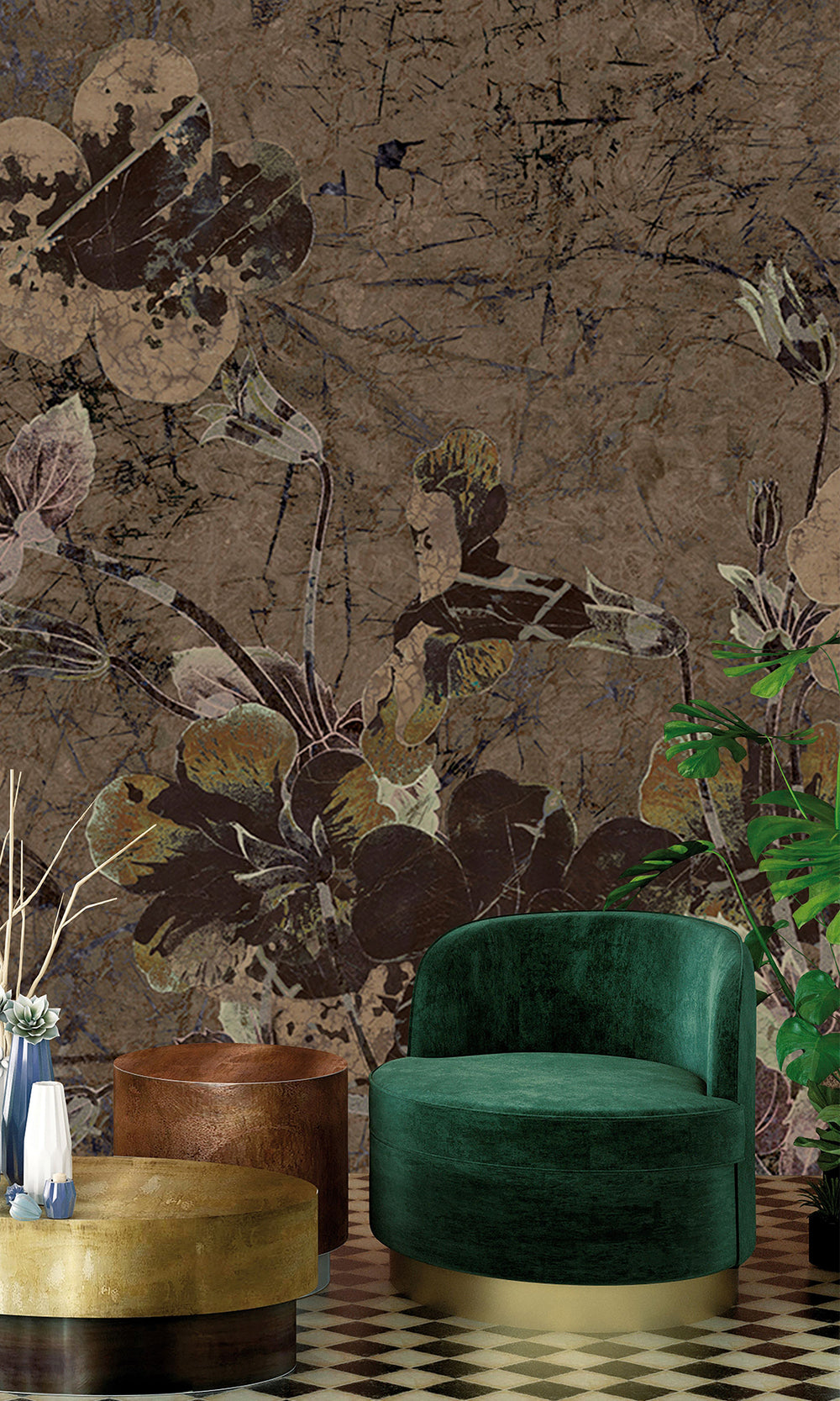 Beige Ash Brown Enchanted Floral Abstract Wall Mural M2563