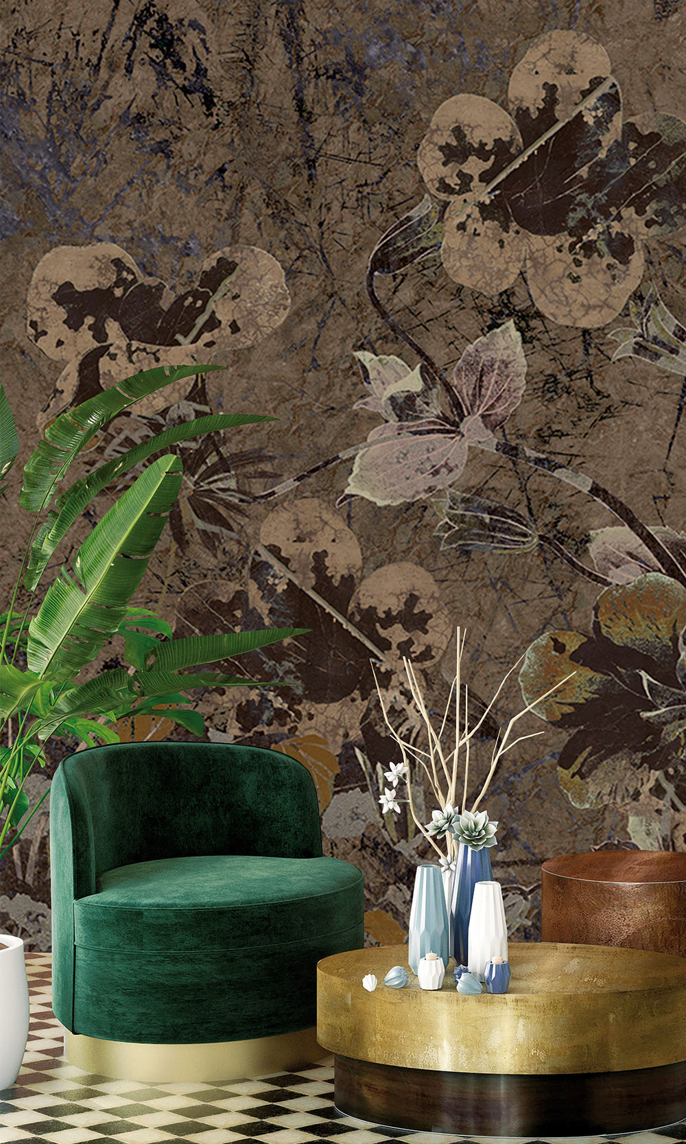 Beige Ash Brown Enchanted Floral Abstract Wall Mural M2563