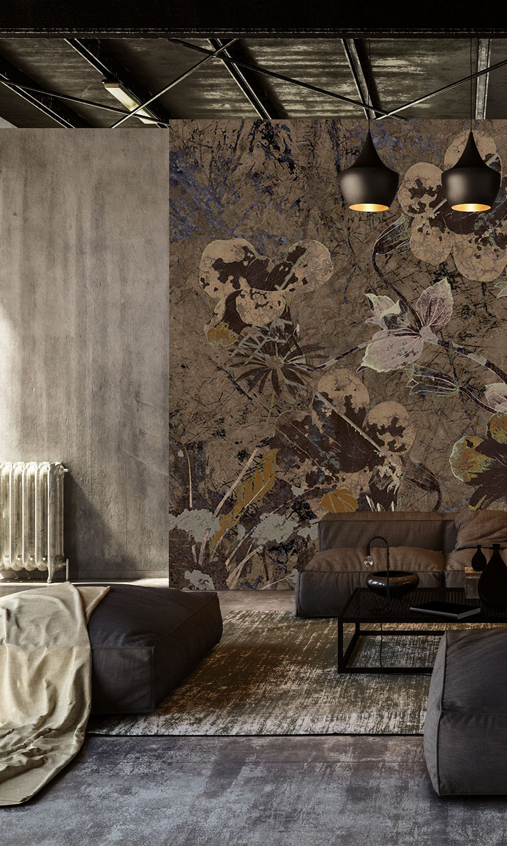Beige Ash Brown Enchanted Floral Abstract Wall Mural M2563