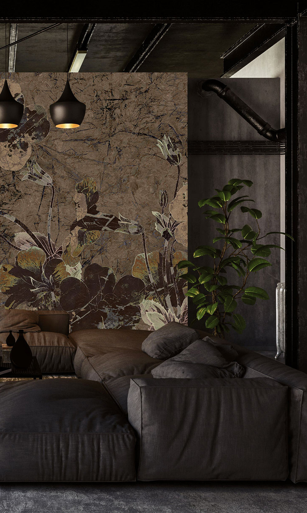 Beige Ash Brown Enchanted Floral Abstract Wall Mural M2563