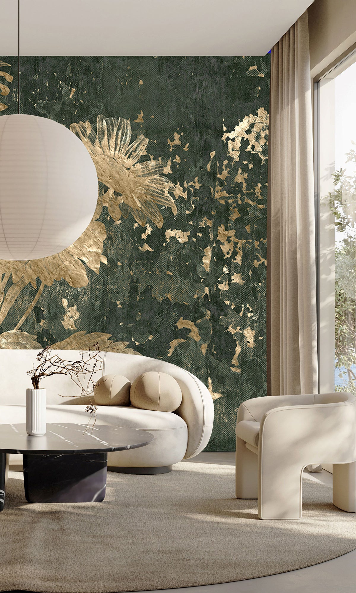 Charcoal Beige Mystic Abstract Marigold Mural Wallpaper M2565