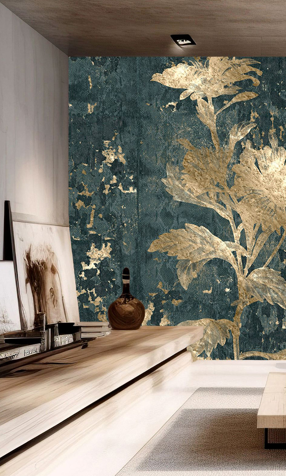 Navy Beige Mystic Abstract Marigold Mural Wallpaper M2566 - Sample