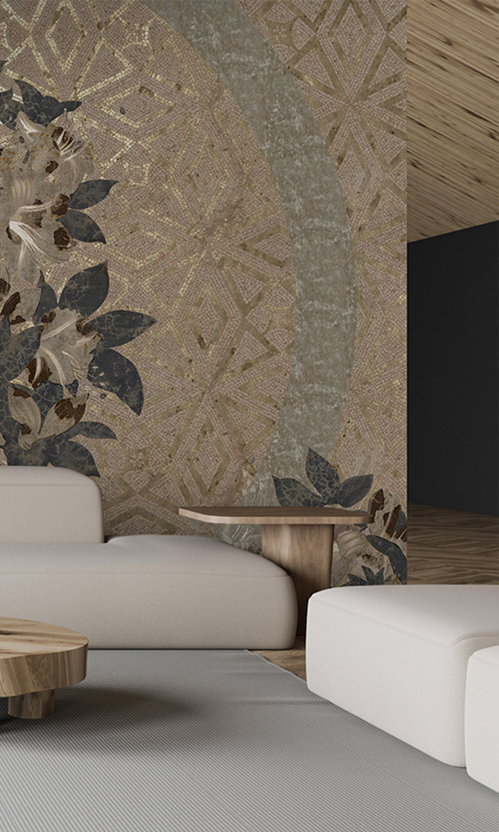 Ecru Geometric Floral Mosaic Mural Wallpaper M2576 - Sample