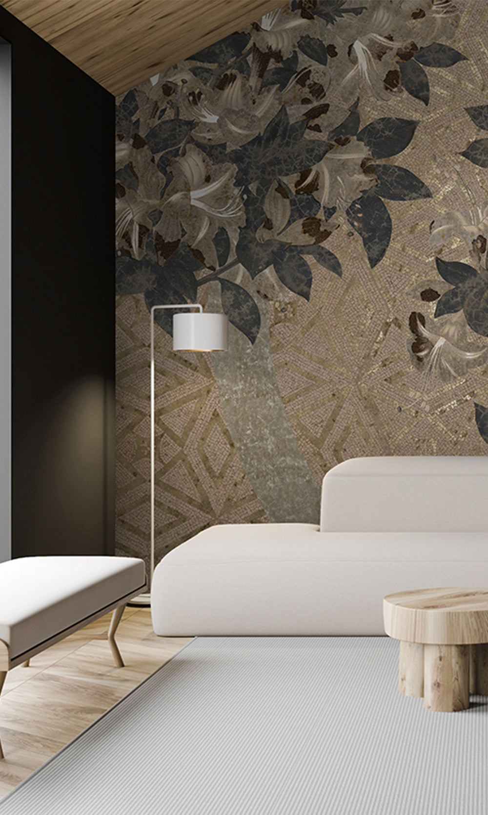Ecru Geometric Floral Mosaic Mural Wallpaper M2576 - Sample