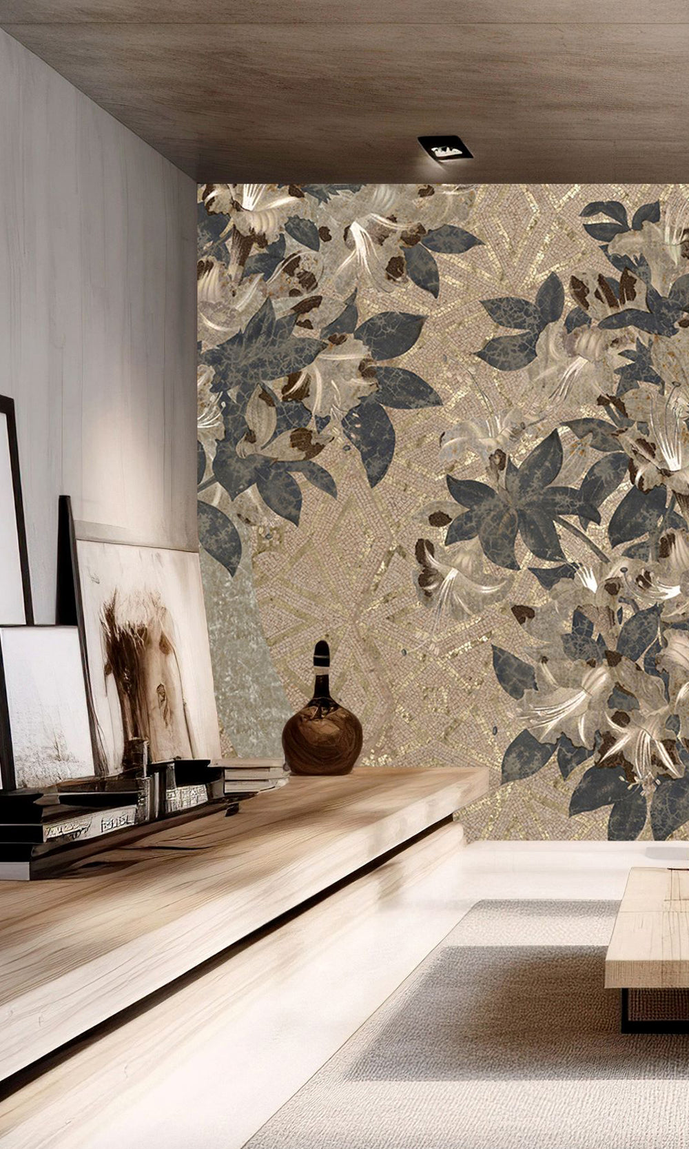 Ecru Geometric Floral Mosaic Mural Wallpaper M2576 - Sample