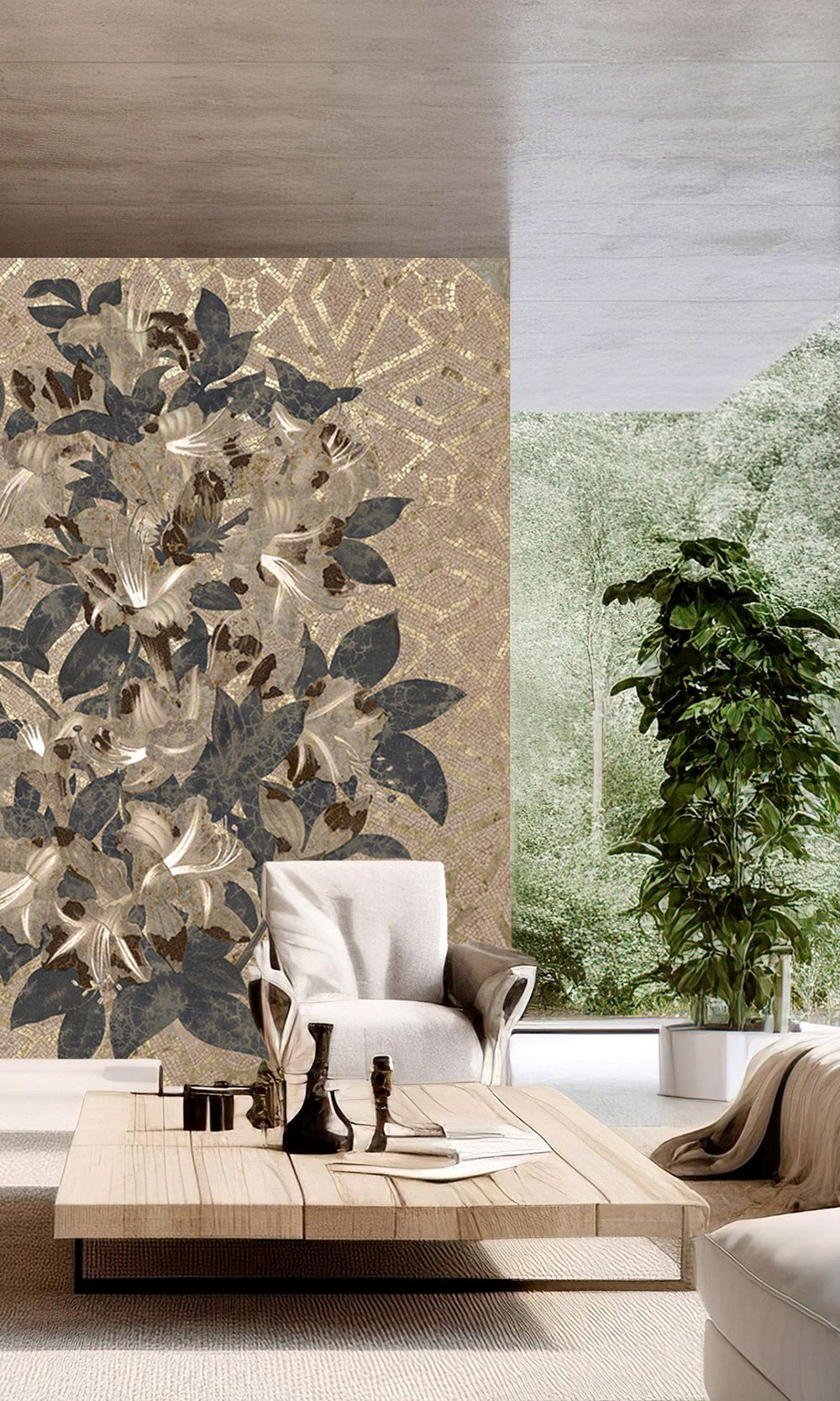 Ecru Geometric Floral Mosaic Mural Wallpaper M2576 - Sample