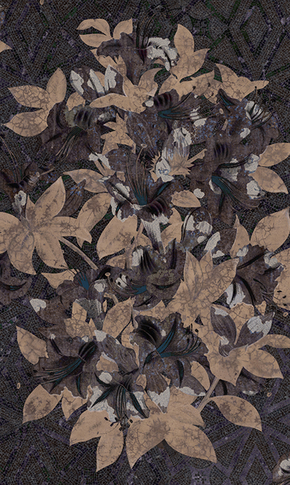 Charcoal Geometric Floral Mosaic Mural Wallpaper M2577 - Sample