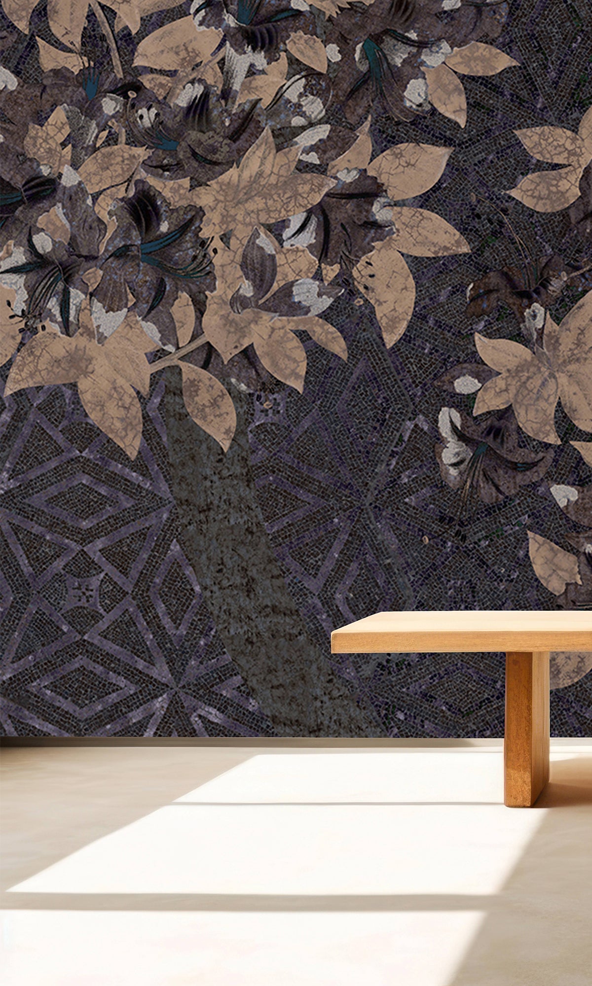 Charcoal Geometric Floral Mosaic Mural Wallpaper M2577