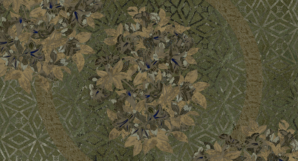 Moss Green Geometric Floral Mosaic Mural Wallpaper M2578