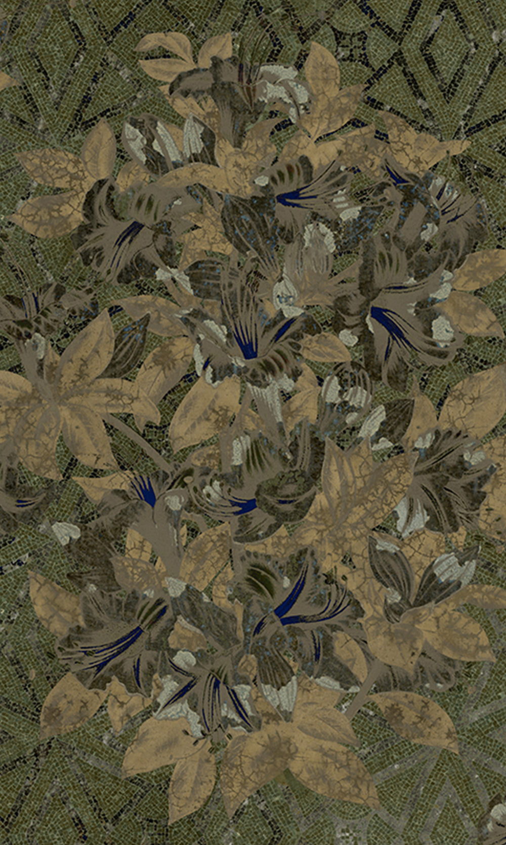 Moss Green Geometric Floral Mosaic Mural Wallpaper M2578