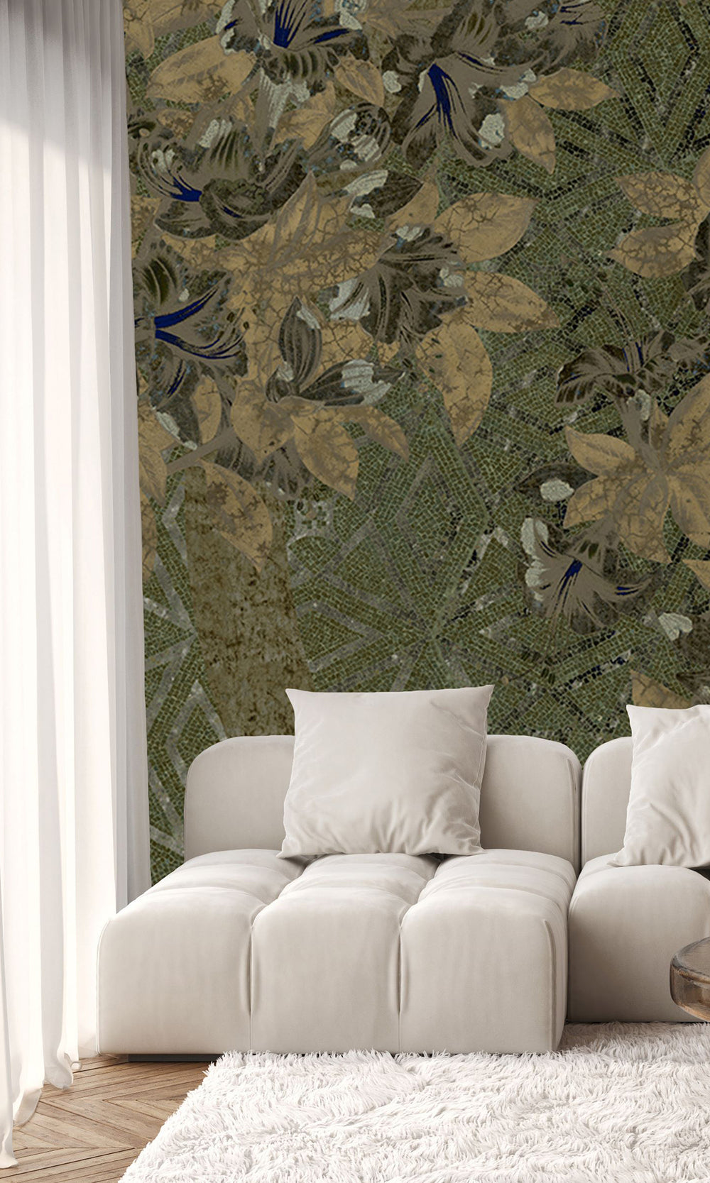 Moss Green Geometric Floral Mosaic Mural Wallpaper M2578