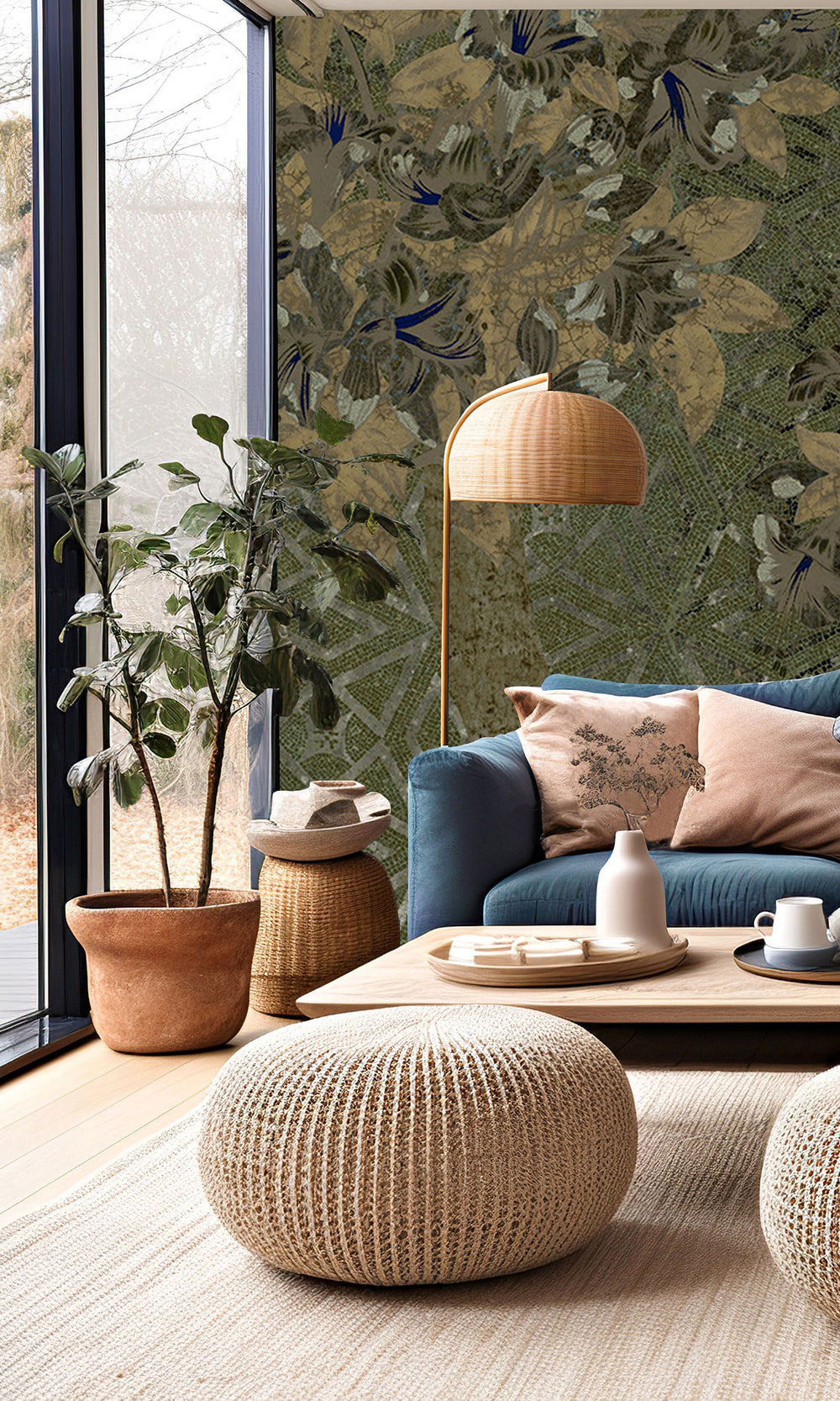 Moss Green Geometric Floral Mosaic Mural Wallpaper M2578